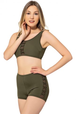 Tüllü Detaylı Şortlu Bikini 5034 Haki