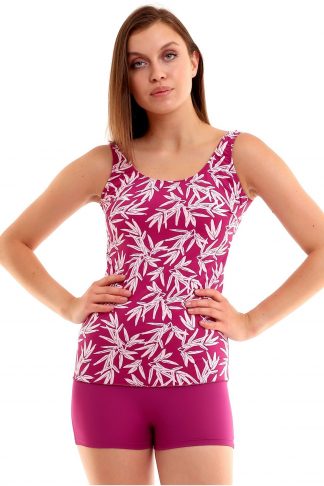 Yaprak Desenli Şortlu Tankini 5526 Fuşya